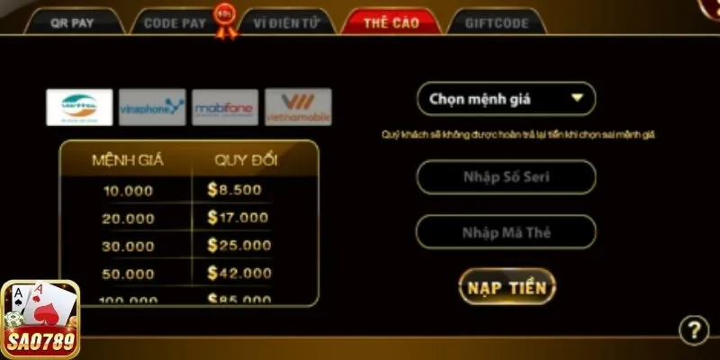 Nhiều mệnh giá nạp tiền vào Sao789 khác nhau
